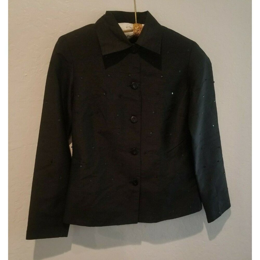 Anage Too Womens Casual Top Button Down Shirt Long Sleeves Sequin Silk Black XS